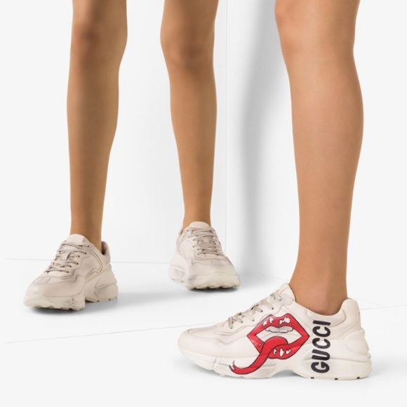 Gucci White Rhyton Leather Sneakers Gucci Rhyton Red Mouth Lips Tongue Shoes - Picture 4 of 16